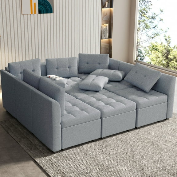 Alicacho 9 Seaters Sectional Sofa Modular Deep Seat Sofa Couch with Ottoman, Sofa Sleeper Comfy Upholstered Furniture for Living Room, Apartment, Studio, Office, Grey