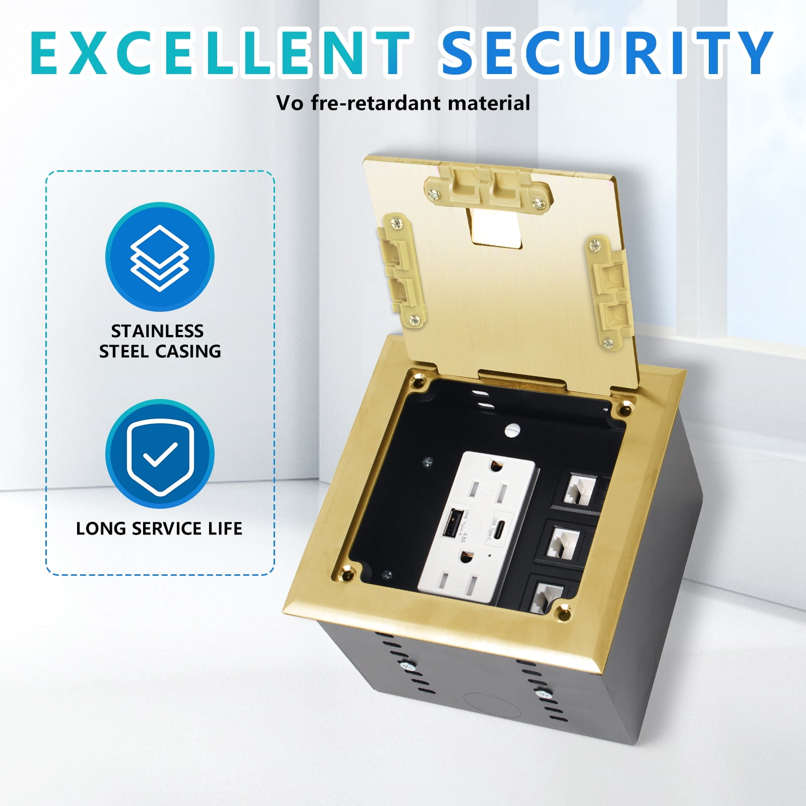 KYHSHJ Recessed Flat Hidden Socket Kit with 2 * 15A Receptacle，4.8A 1 USB-A Ports &1 USB-C Port+3-Port RJ45 Datacom Receptacle. Internal Height Adjustable，Corrosive Resistant Hardware,Brass