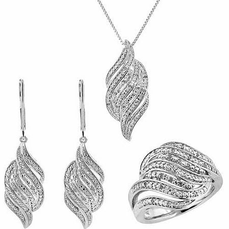 1/4-Carat T.W. Round White Diamond Rhodium-plated Ring, Earrings and Pendant Set, 18, Size 7