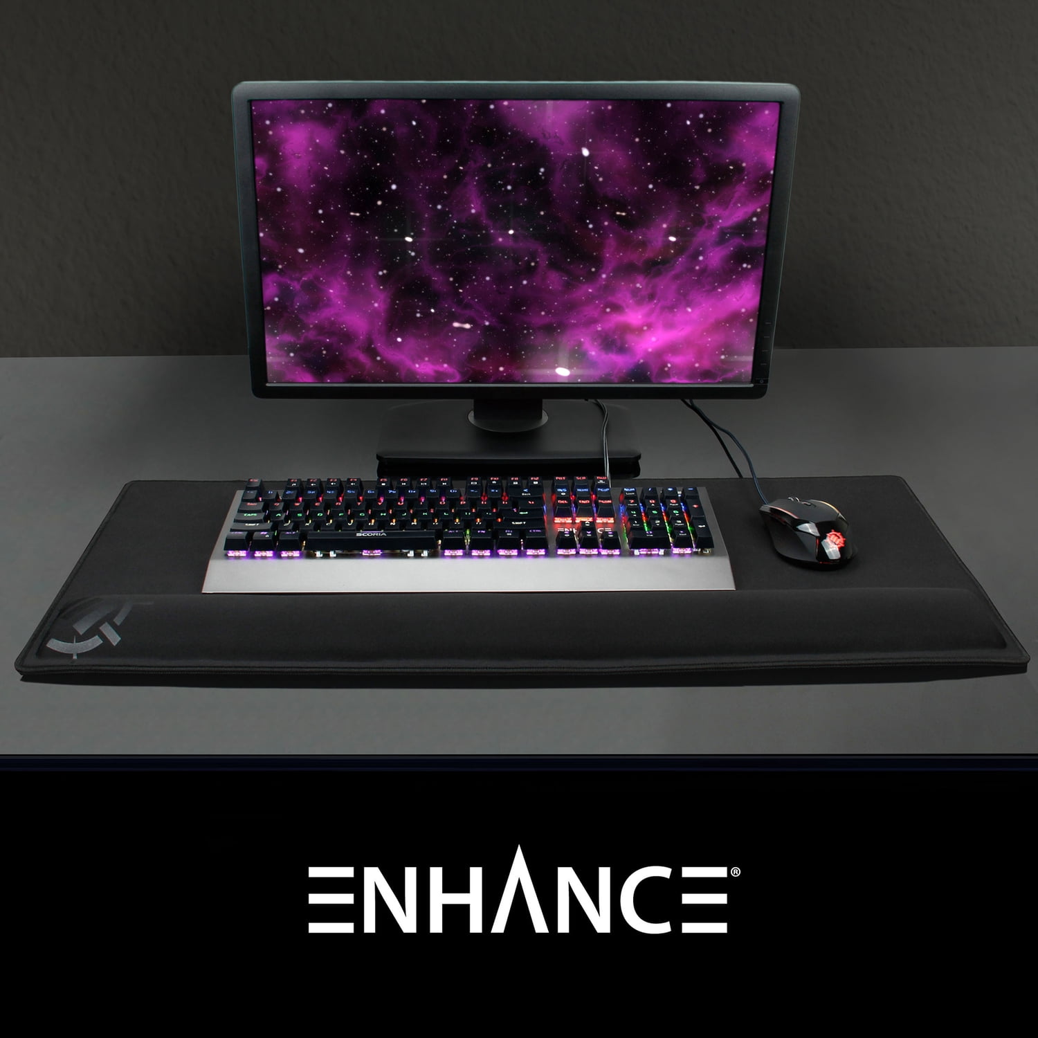 ENHANCE Large Extended Gaming Mouse Pad with Memory Foam Wrist Rest Support (31.5 x 13.78 x 1 inches) - Anti-Fray Stitching & Premium Soft Tracking Mat Surface (Black)