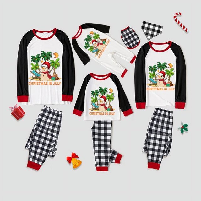 Pijamas familiares navideños a juego, conjuntos de pijamas a cuadros blancos y negros, muñeco de nieve, Navidad en julio