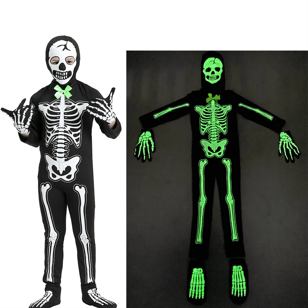 Halloween-Kostüm Für Kinder – Geist Mit Skelett-Druck, Leuchtet Im Dunkeln – Größen 3–13 Jahre