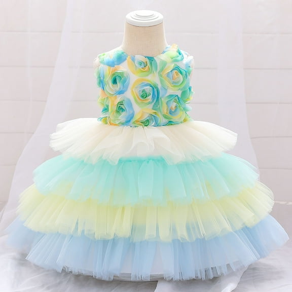 XMMSWDLA Toddler Girl Clothes Girls Gradient Color Net Yarn Mesh Flowers Birthday Party Kids Formal Princess Dresses