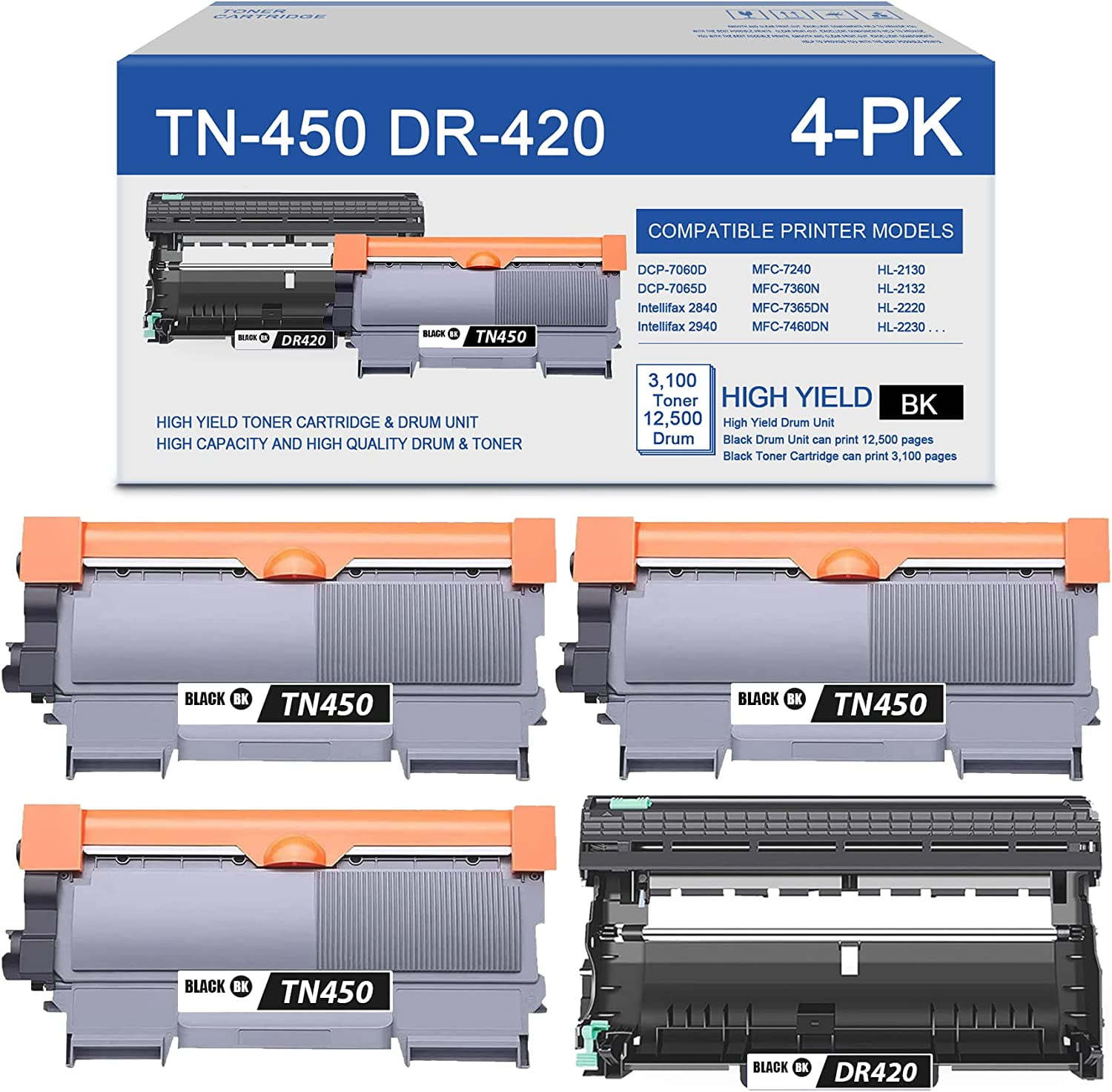 3 TN450 TN450 High Yield Toner Cartridge & 1 DR420 DR420 Drum Unit