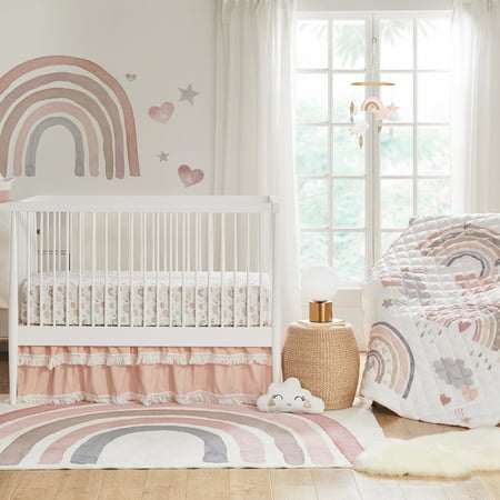 UPC: 0190945161529 | Levtex Baby – Over The Rainbow Baby Bed Set – Pink  Grey  Taupe  Tan and Coral – 4 Piece Set Includes Quilt (42in.x57in.)  2 Fitted Sheets (28in.x52in.) and Bed Skirt (28x52x16in.)