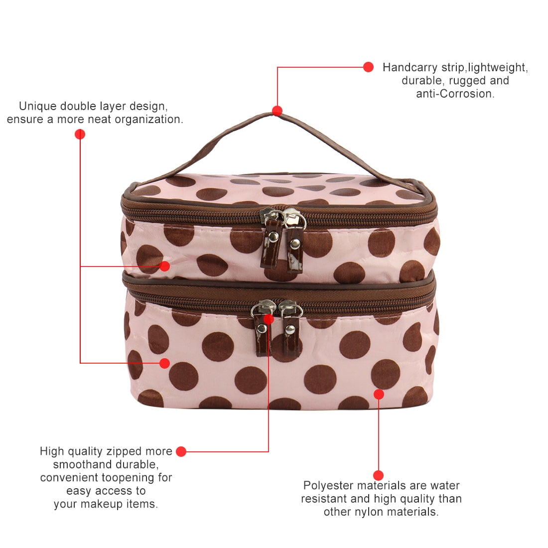 Travel Cosmetic Makeup Bag Organizer Double Layer Dot Pattern Toiletry Bag Case Pouch With Mirror For Woman