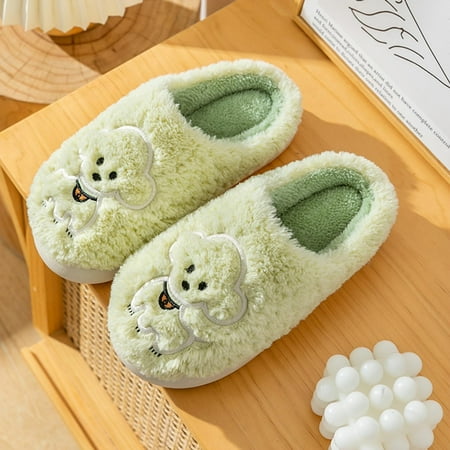 

Winter Couples Women Warm Home Baotou Plush Soft Bottom Comfortable Cute Cartoon Pattern Flat Cotton Mop Beach Slippers Green 8.5