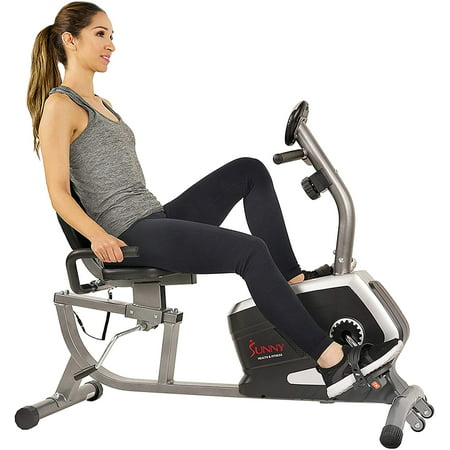 Sunny Health & Fitness Magnetic Recumbent Bike Exercise Bike with Digital Monitor, 300 lb Capacity, Easy Adjustable Seat, Pulse Rate Monitor