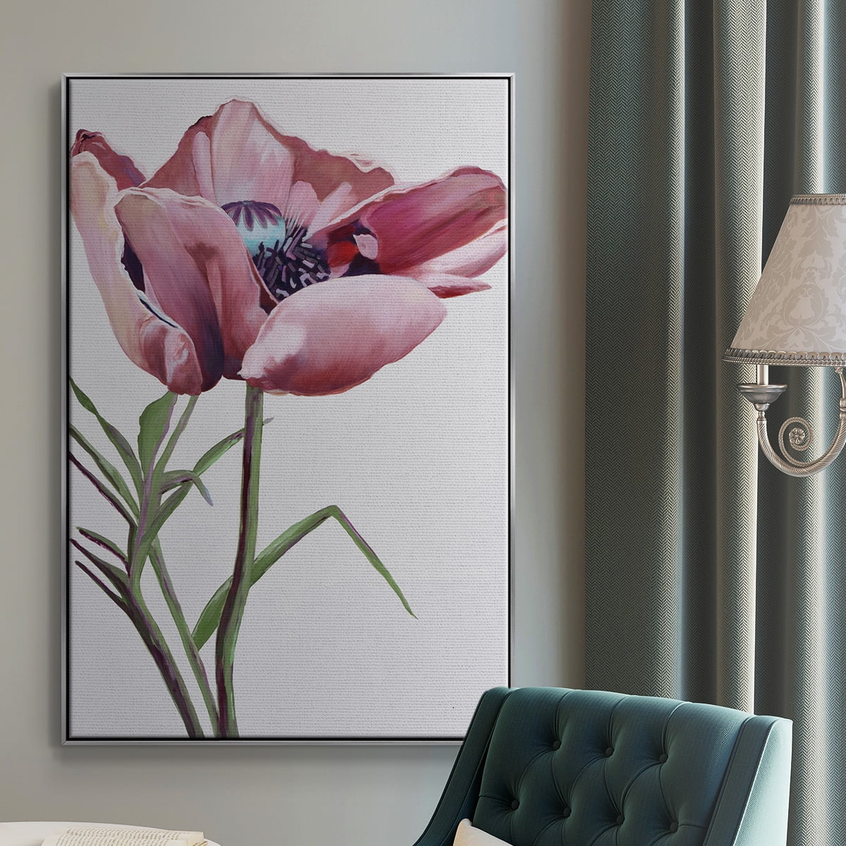 Paris Poppy Framed Premium Gallery Wrapped Canvas - Ready to Hang - 25 x 37 - Silver Floating Frame