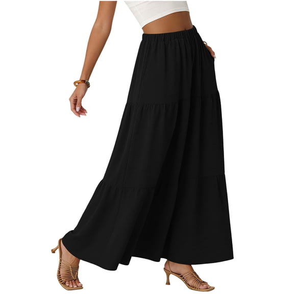 Hduncf Womens Boho Summer Casual Maxi Skirts Flowy Elastic High Waisted A-Line Long Skirts with Pockets Beach Vacation Black XXL