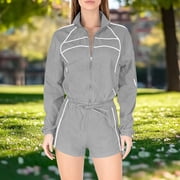 QSAWXQZ Women's 2PC Athletic Set Long Sleeves Lapel Collar Zip Up Cropped Jacket Elastic Waist Shorts Casual Outfit for Workout XL