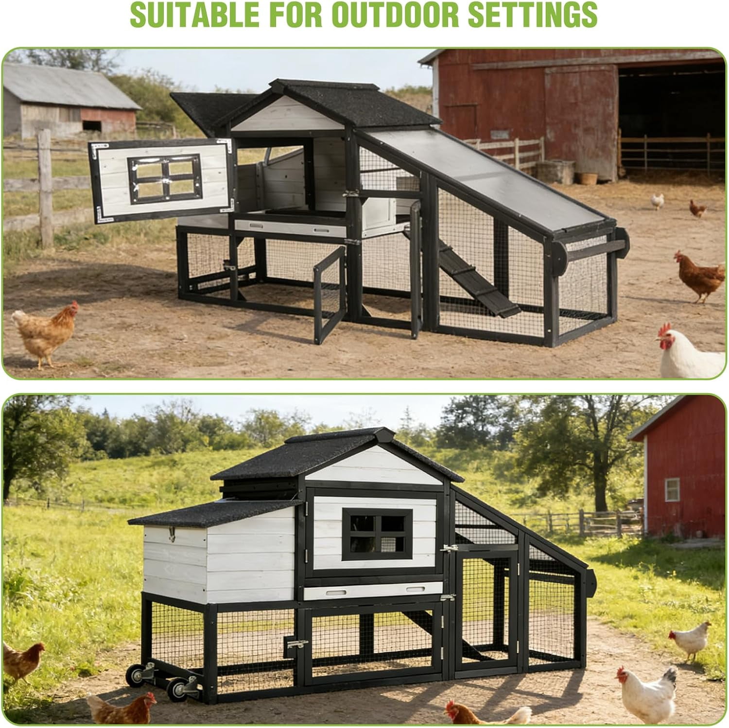 MEDEHOO Chicken Coop Mobile Chicken House On Wheel Outdoor Rabbit Hutch for 2-4 Chickens 67"(White & Black)