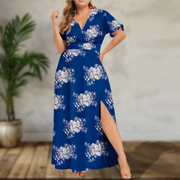 Puntoco Vestido De Manga Corta Con Cuello En V, Vestido Casual De Talla Grande Con Estampado De Manga Corta Y Cintura Azul Xxxl Estampado No Posicionado
