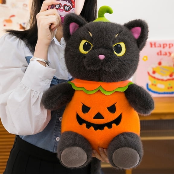 QLUEWX Halloween Black Cat Plush with Pumpkin Outfit, 11.8 Inch Jack O Lantern Stuffed Animal Soft Cat Plushie Toy for Halloween Home Decor Party Favors Birthday Gifts for Kids Girls Boys Toddlers