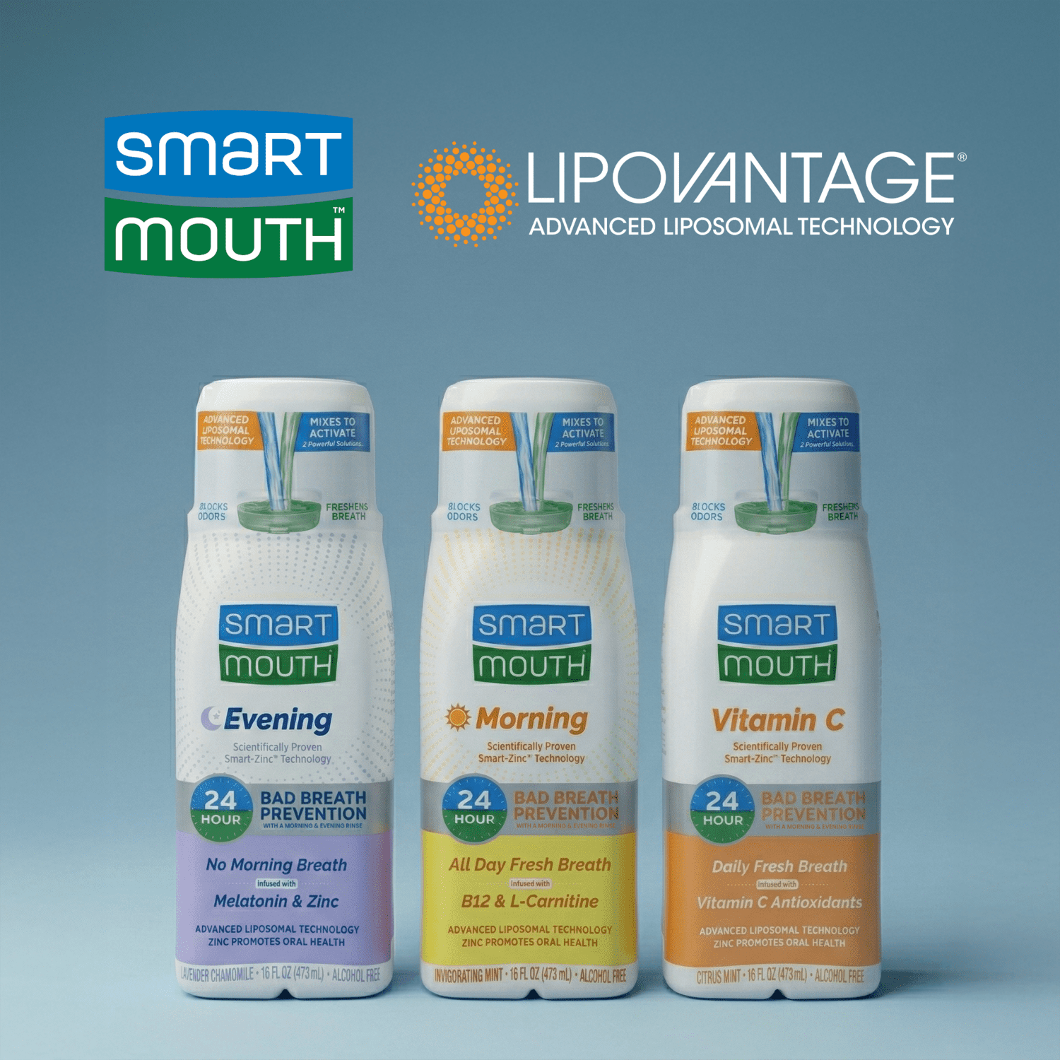SmartMouth Advanced Liposomal Morning Mouthwash, Zinc Activated Dual-Solution, All-Day Fresh Breath, Invigorating Mint, Adult, 16 fl oz
