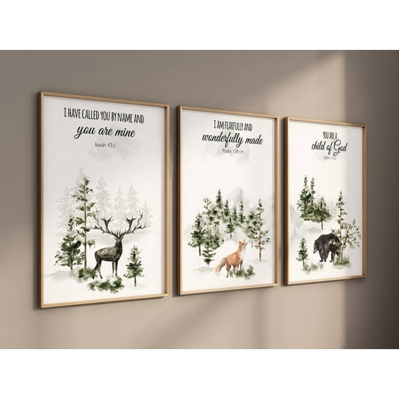 UNFFRAMED Nursery Decor Woodland, Mountain Wall Art, Tree Nursery Decor, Adventure Theme Nursery, Forest, Sage Green, Bible Nursery, Verse Nursery #512 Set 3 Prints 8x12