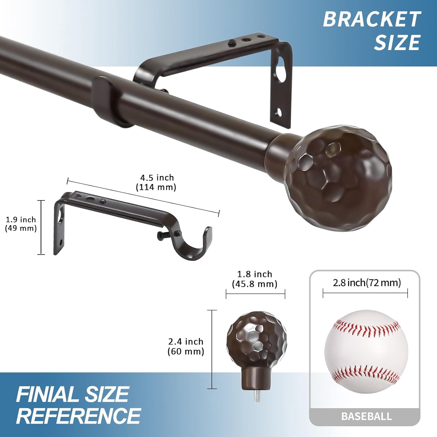 Urbanest Adjustable Single Curtain Rod Set Hammered Ball Finials – 3/4-Inch Diameter, With Bronze Rod, 48–84 Inches
