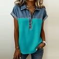 thumbnail image 2 of Sentmoon Haut en Jean pour Femmes Haut pour Femmes Manches Courtes Col à Revers Patchwork Coupe Régulière avec Imprimé T-Shirt Extensible Femme Mode pour l'Entraînement et le Gym 3TG-5TG, 2 of 6