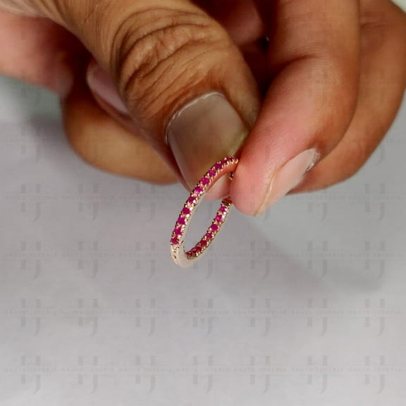 14k Yellow Gold Hoop Earrings Paved with Natural Ruby