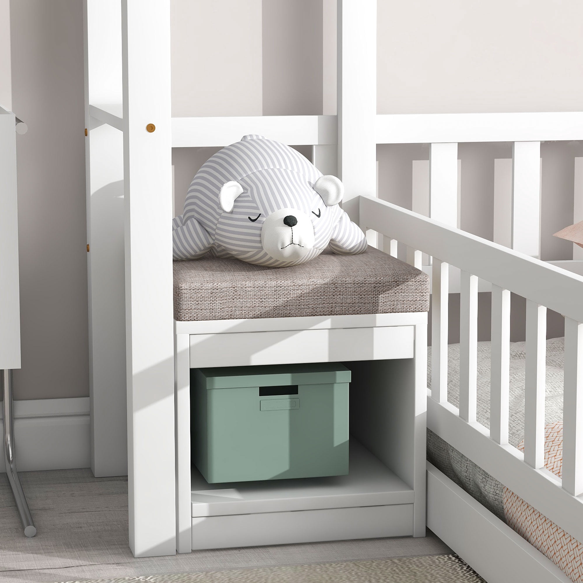 Euroco Wood Twin Size Platform Bed with House Shelf and Cushion Chair for Kids, White