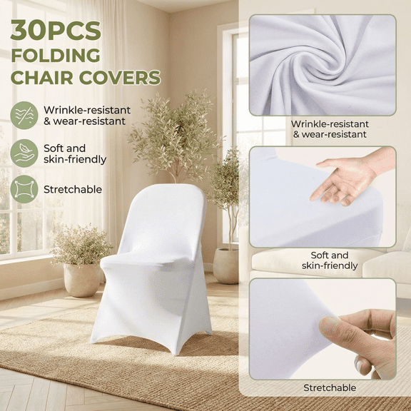 Folding Chair Covers 30Pcs, Stretch Spandex Universal Fitted Slipcovers, Washable Chair Cover Protector for Wedding Party Banquet Holiday Celebration Decoration – White