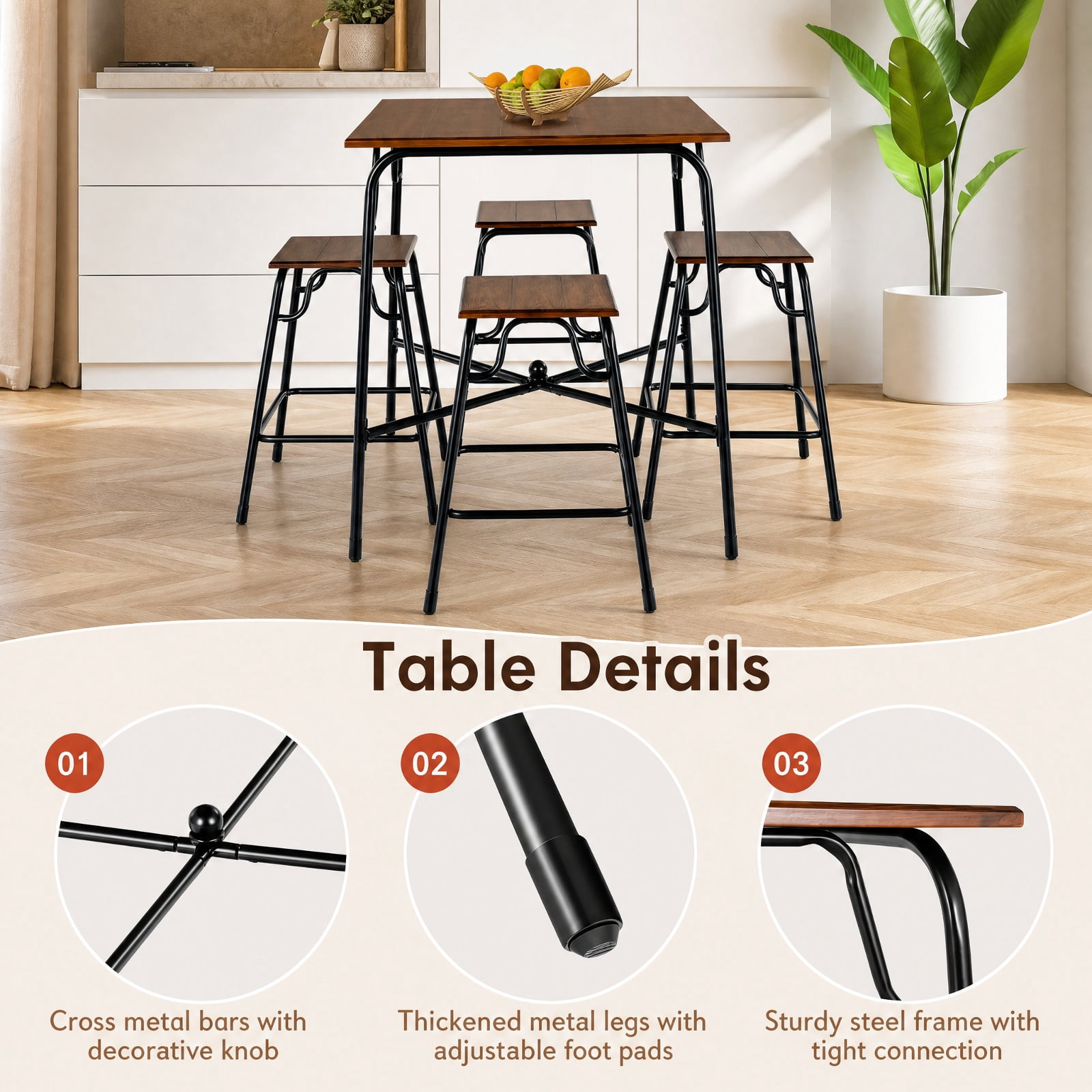 Furnibear 5 Pieces Bar Table Set with 4 Counter Height Backless Stools for Kitchen Dining Room Breakfast Nook Home, Rustic Brown