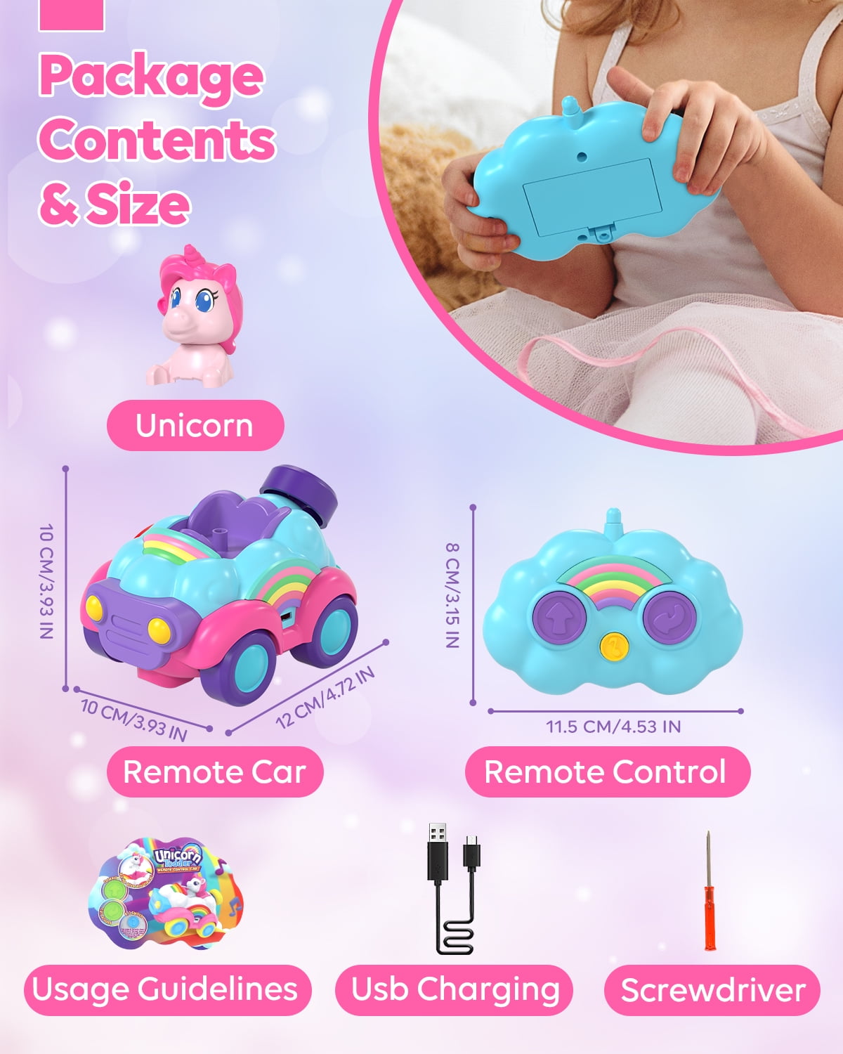 Toddler Girl Toys, Rechargeable Remote Control Car for Toddlers Ages 2-4 Girls Old Girl Toys, Unicorn Toys RC Cars with Lights & Music, Toys for 3 Year Old Girls
