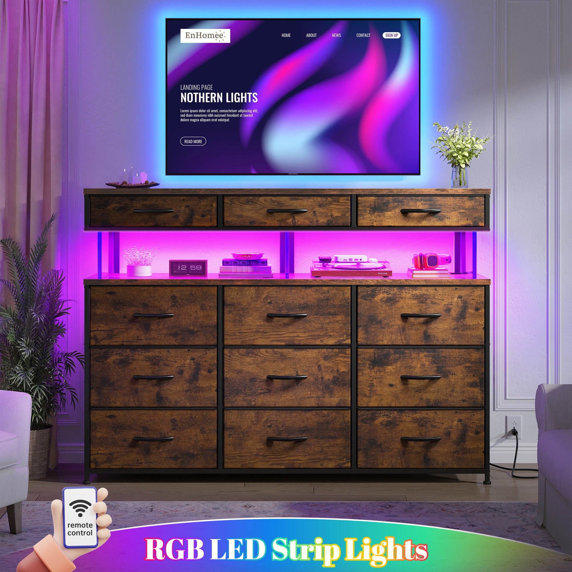 EnHomee Dresser for Bedroom with 12 Fabric Drawers Dresser with LED Lights and Charging Station Chest of Drawer for Entryway,Living Room,Closet,Rustic Brown