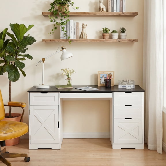 59" Farmhouse Executive Desk with Charging Station, Large Computer Home Office Desk 4 Drawers Keyboard Tray Adjustable Shelves, White/Black Tabletop