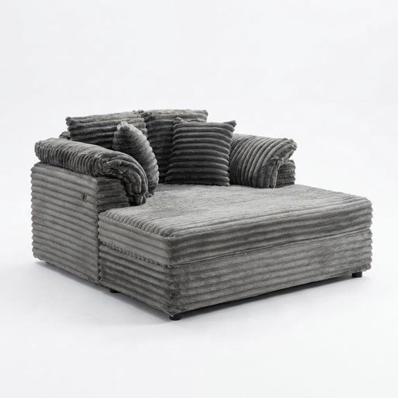 59 Inch Oversized Corduroy Chaise Lounge Chair - Indoor Comfy Cloud Sleeper Couch with USB Port, Pillows & Armrests, Recliner Bed for Home Spaces