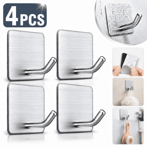 Genreen 4 Packs Heavy Duty Adhesive Towel Hooks Stick on Towel Hanger Wall Holder Waterproof Stainless Steel Sticky Hooks for Hanging Bathroom Kitchen Home