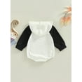 thumbnail image 4 of Qmyliery Newborn Long Sleeve Romper, Contrast Color Front Kangaroo Pocket Snap Crotch Hooded Patchwork Jumpsuit, 4 of 7