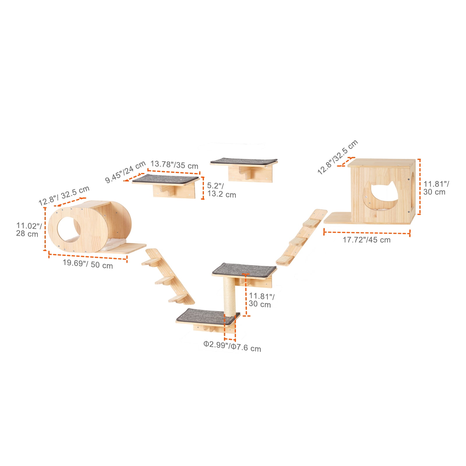 VEVOR Wall Mounted Cat Shelves, Cat Wall Shelves and Perches with Jumping Boards, Cat Beds, Hammocks & Cat Tree, Cat Furniture and Shelves up to 40 lbs for Sleeping, Playing, Climbing, Set of 7