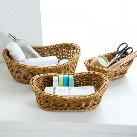 Wicker Woven Basket Bread Tray Serving For Food Fruit Cosmetic Storage Tabletop Bathroom Storage Kitchen Organizer