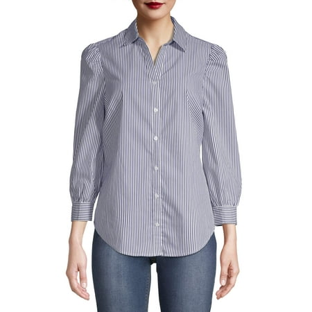 Como Blu Women's 3/4 Puff Sleeve Button Down Blouse