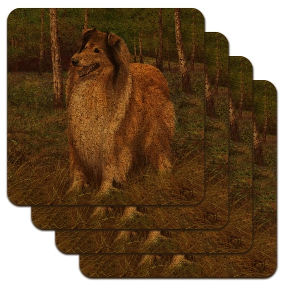 Collie Dog in the Woods Low Profile Novelty Cork Coaster Set