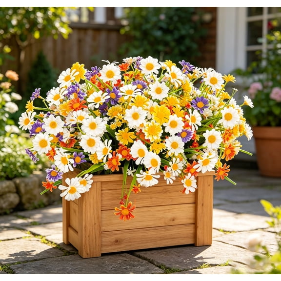 8 Bundles Artificial Daisy Flowers for Outdoors UV Resistant No Fade Fake Cemetery Flowers, Faux Plastic Greenery Plants for Hanging Planter Home Gardens Porch Memorial Day Décor (Mix Colors)