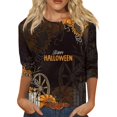 thumbnail image 1 of Camiseta gráfica de Halloween para mujer: camiseta informal de manga 3/4 con estampado de girasol y calabaza, 1 of 5