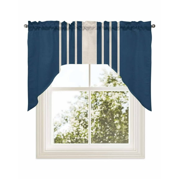 Navy Blue Beige Striped Kitchen Curtains Swag Valance for Windows/Bathroom/Cafe, Modern Farmhouse Retro Lines Rod Pocket Drape Panel Swag Curtains Valance for Bedroom/Living Room 56"x36"