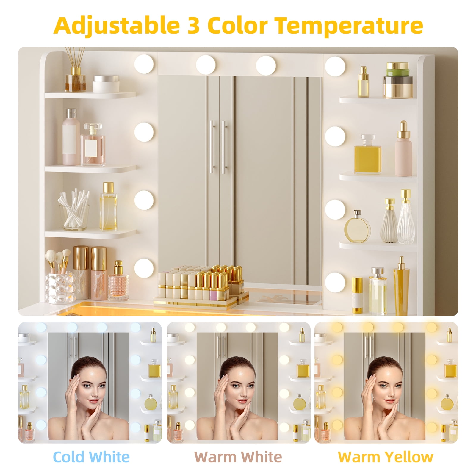 TOMNK White Vanity Desk with Mirror & Lights, Power Outlet, 3 Colors, 2 RGB Drawers, 6 Shelves