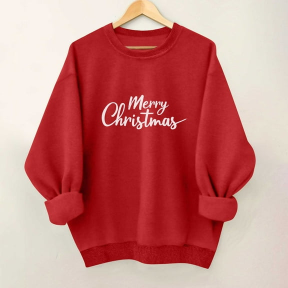 SYMOID Womens Red Christmas Cotton Sweatshirt, Loose Fit Crew Neck with Merry Christmas Print, Soft Festive Casual Apparel S-XXL,Size M