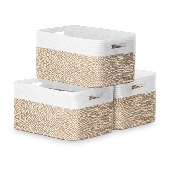 Domaci 3 Pack Storage Baskets, 30L Rectangle Woven Baskets for Storage, Cotton Rope Shelf Baskets for Toys, Books, Closet, Nursery, Khaki & White