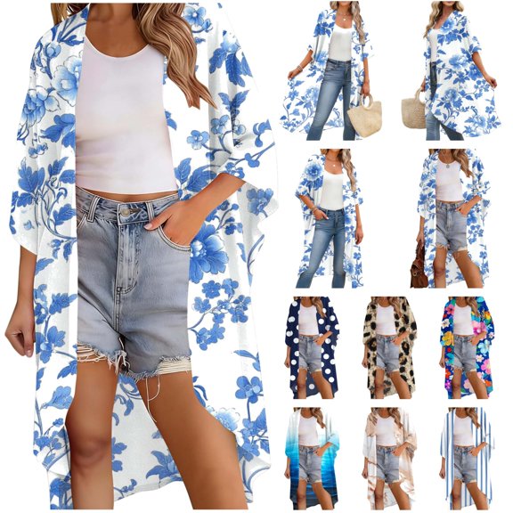 lcziwo Chiffon Cardigans for Women Summer Half Sleeve Long Shrugs Casual Open Front Kimono Vacation Beach Coverups Multicolor XL