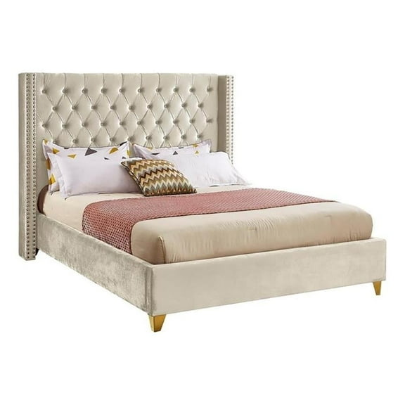 Maklaine Modern Velvet Fabric Upholstered Deep Tufted Queen Bed in Cream
