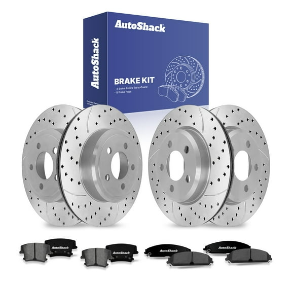 AutoShack Front Vented & Rear Vented Drilled & Slotted Coated Brake Rotors Silver Matte Finish   Premium Ceramic Pads 12-PC Brake Kit Replacement for 2012-2013 Dodge Charger TurboGuard