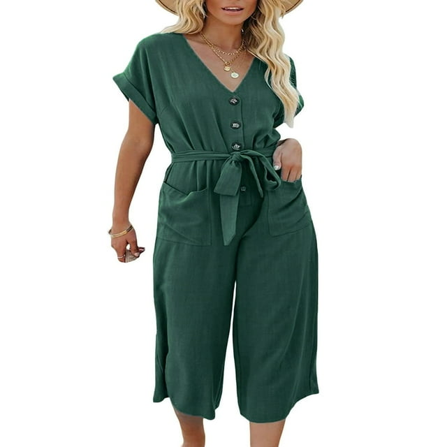Combinaisons à Jambe Large pour Femmes Boutons devant et Col Roulé d'Été avec Poches Ceinture