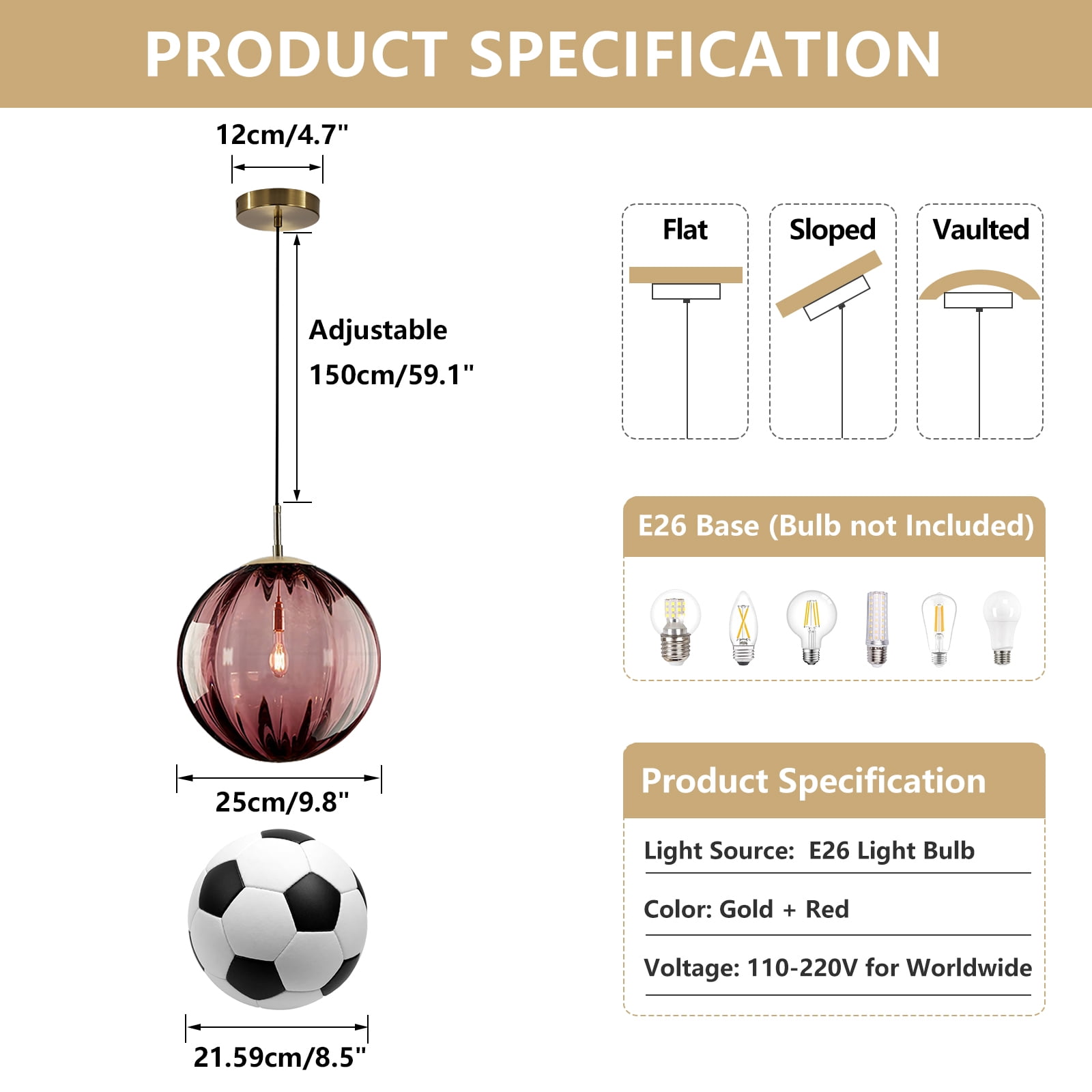 KCO Lighting Modern Large Globe Pendant Light Industrial Dining Room Light Fixture (Burgundy-9.8'')
