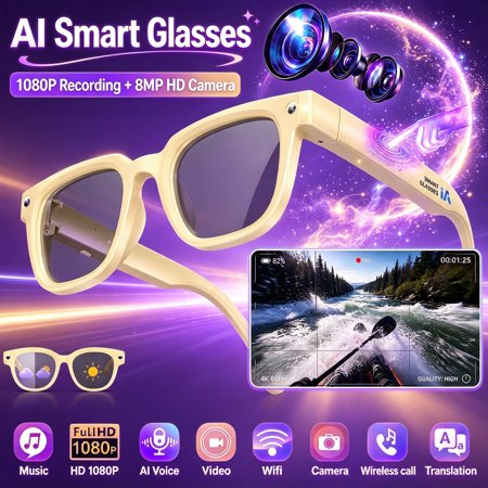2026 White Wearable Audio Smart Eyewear for Women HD Camera Real‑Time Video Conversation Translation Voice Control 3D Surround Sound Affordable Wireless Budget‑Friendly for Men Women
