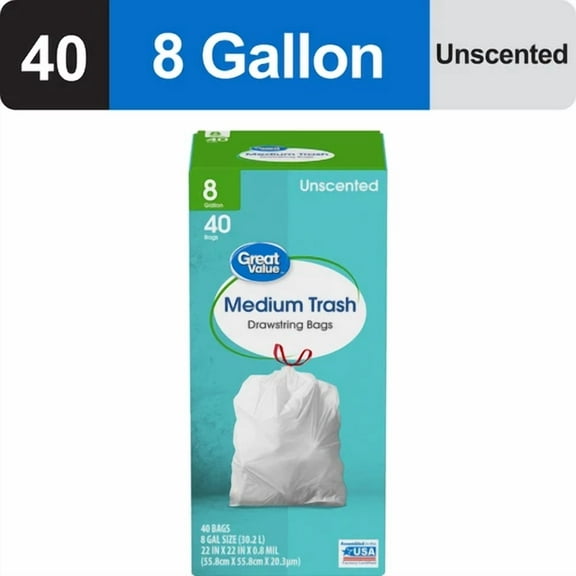 ELVY- Medium Trash Drawstring Bags, 8 Gallon, 40 Count