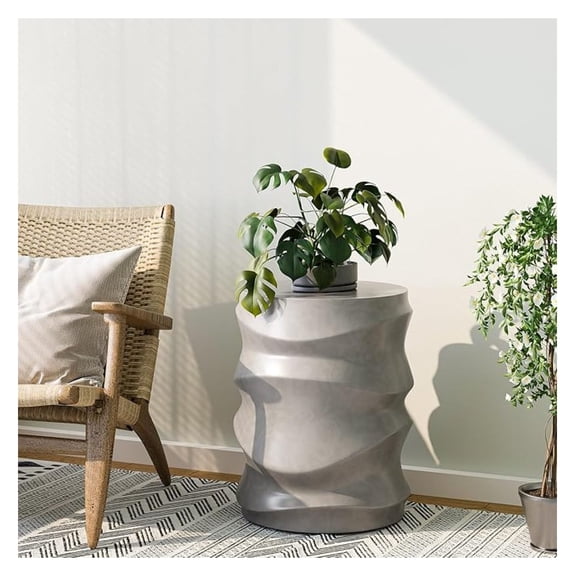 Outdoor Side Table, 18" H Concrete Accent End Table Streamlined, Small Round Cement Plant Stands Table, Decorative Garden Stools for Backyard, Grey